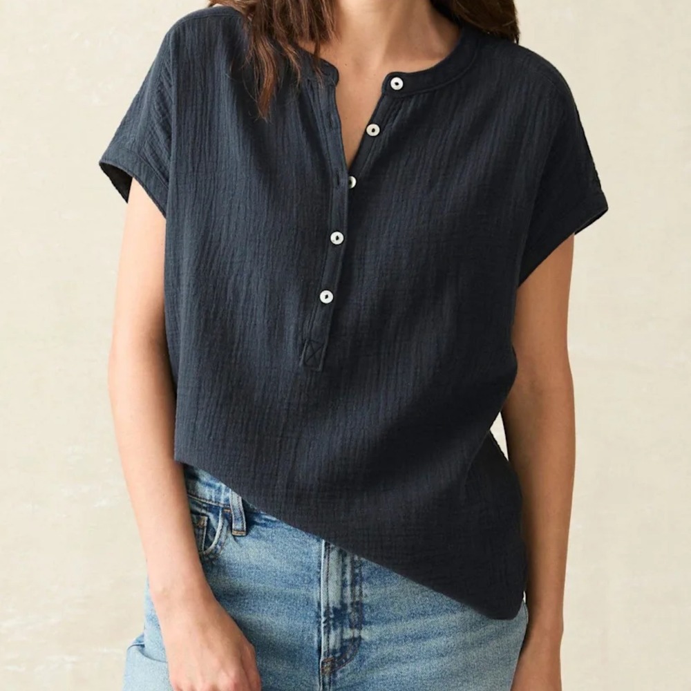 Faherty Dream Organic Cotton Gauze Desmond Henley Top Large Navy Blue Coastal